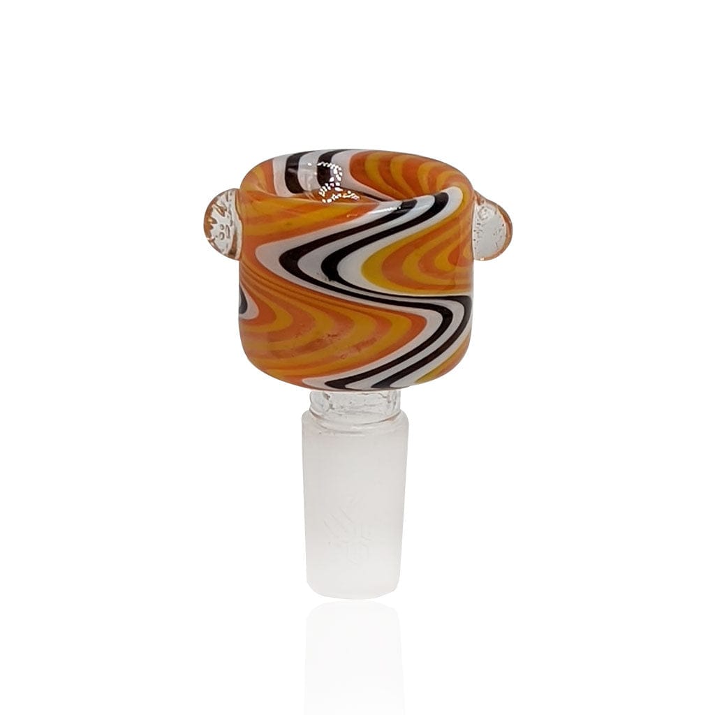 Front-facing view of the Honeybee Herb Glass Flower Bowl (Fb-9) showing its orange, black, white swirled glass cup with clear handle nubs.