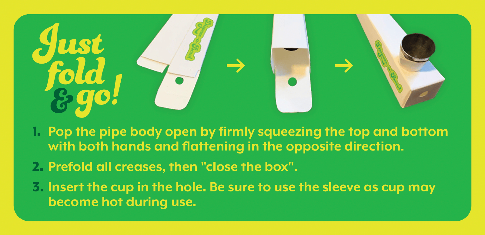 Angled sequence shot showing step-by-step folding of The Dispoze-a-Bowl® 25 Pack: Fresh, Clean, & Convenient Smoking Pipes with Stainless Steel Bowl from flat sleeve to assembled pipe with metal cup.