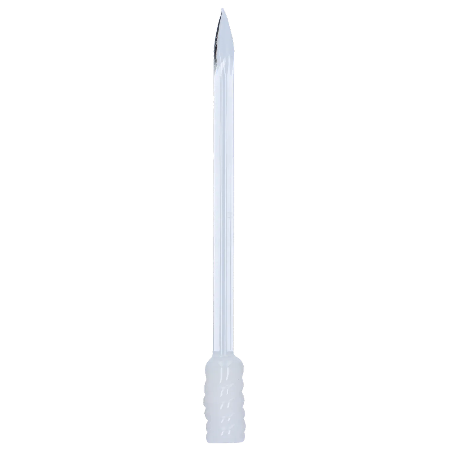 Vertical close-up of the clear DHC Glass with White Handle Dabber against a black background showing its pointed tip and textured white handle.