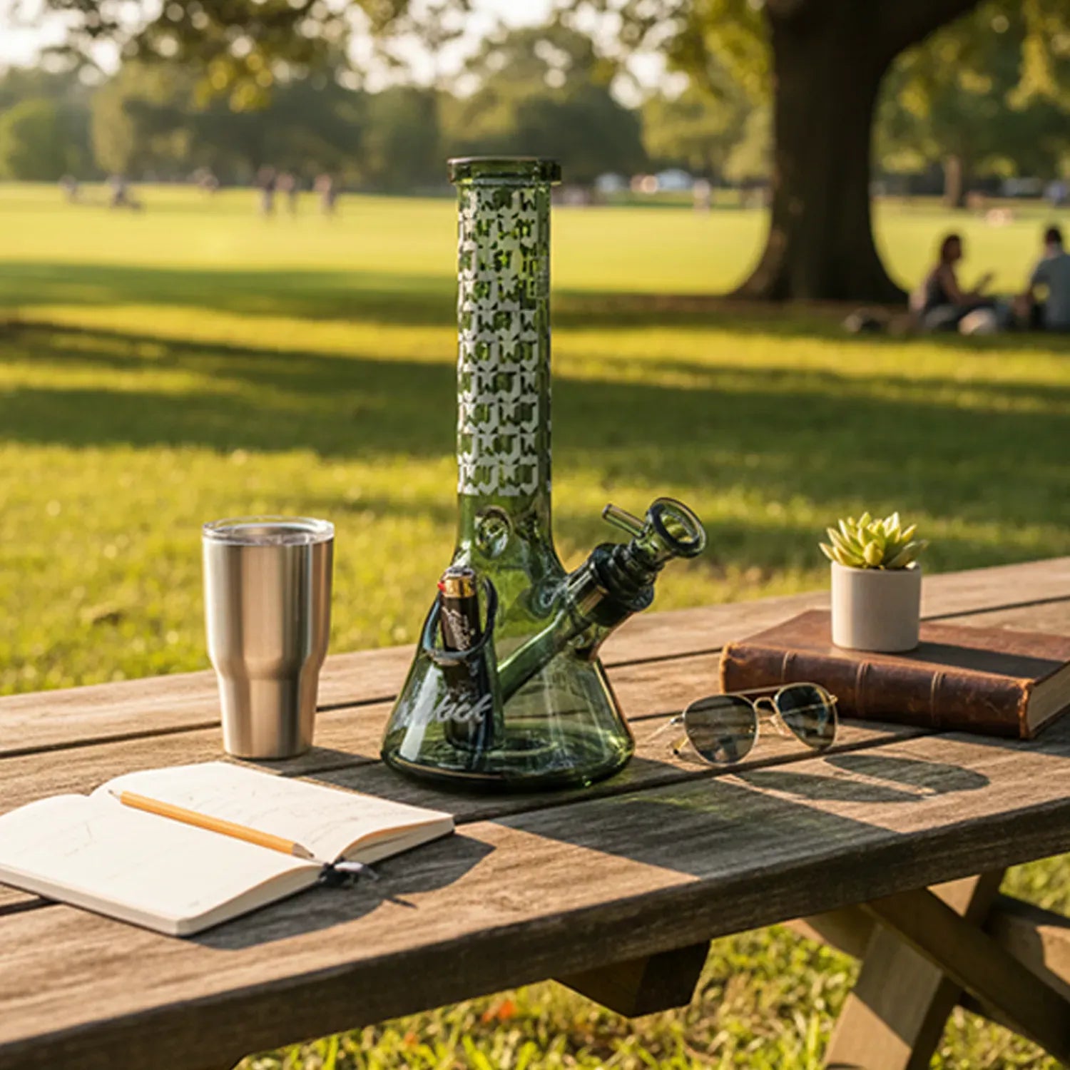 Park-side close-up of the Limited Edition JW Sidekick by GEAR PremiumÂ® green glass water pipe sitting on a picnic table among a notebook, tumbler, sunglasses, and a small succulent.