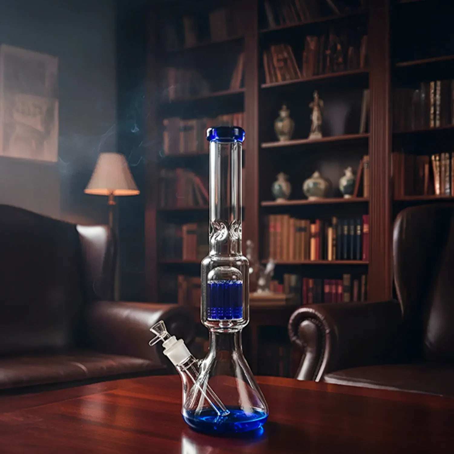 Center-framed DHC 9mm Beaker with Tree Perc Bong - 18 in. on a wooden table, clear glass with blue accents, library background.