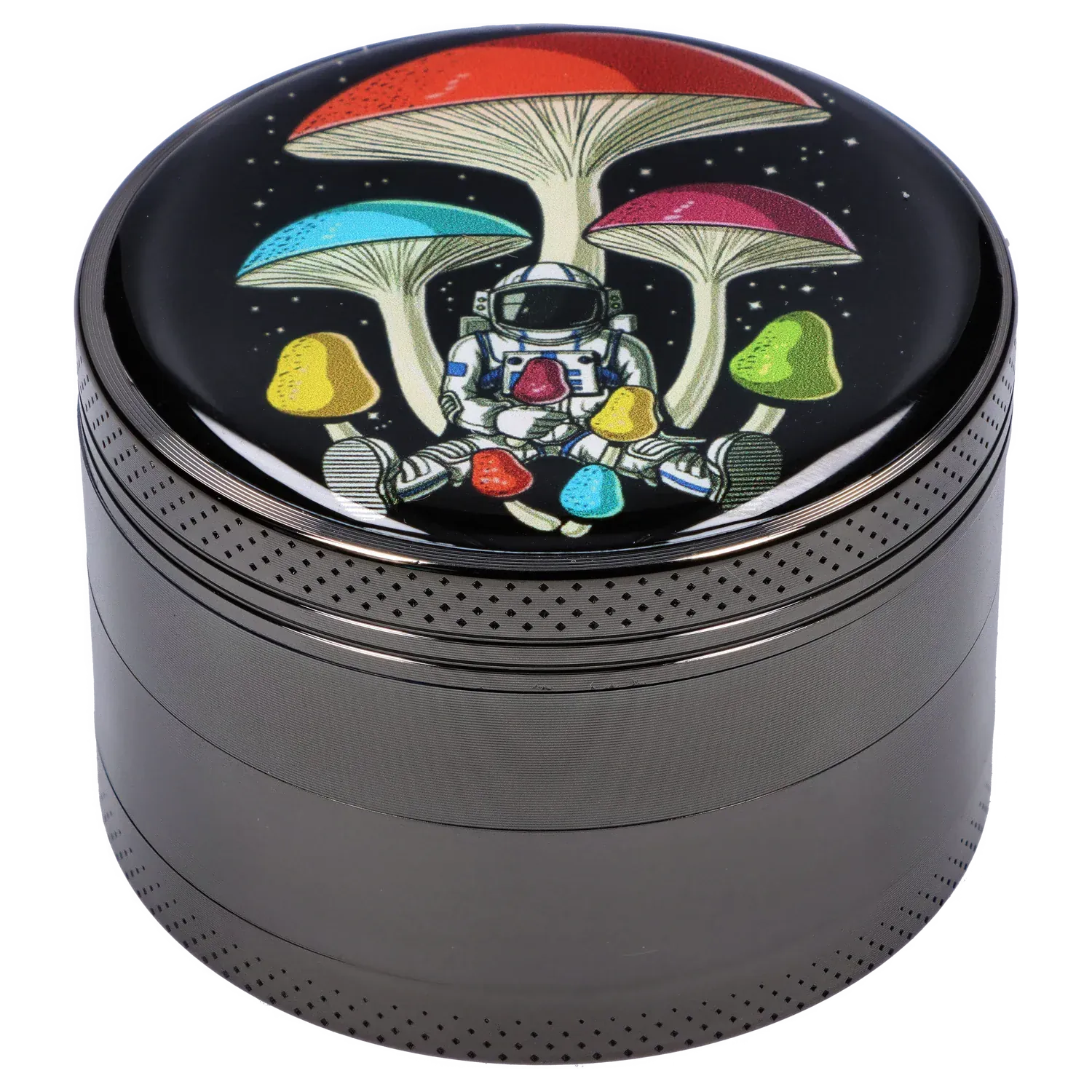 Top-down close-up of the 63mm Chrome with Tiny Glowing Mushrooms Grinder showing a glossy black lid illustration of a seated astronaut beneath colorful oversized mushrooms.