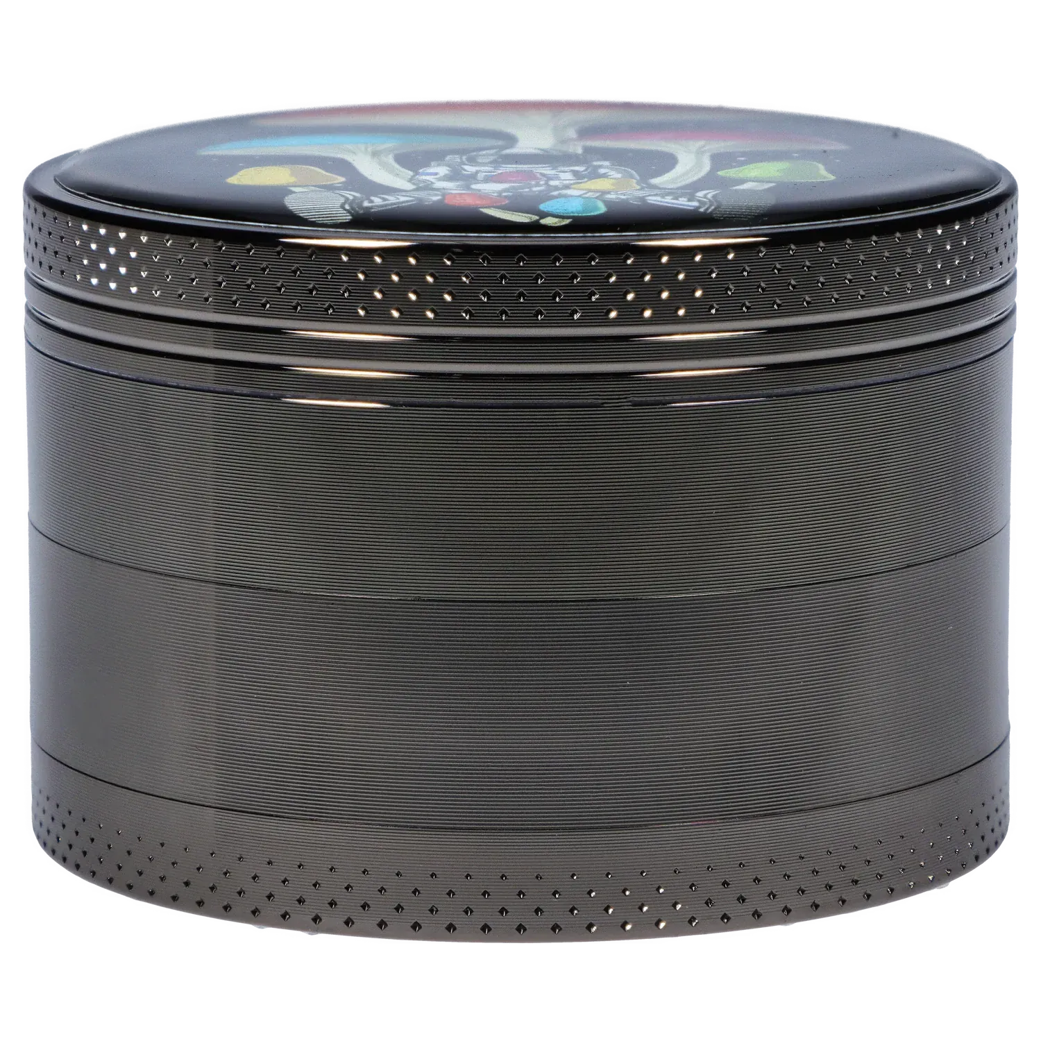 Close-up side view of the 63mm Chrome with Tiny Glowing Mushrooms Grinder showing its textured chrome body and decorative glossy lid.