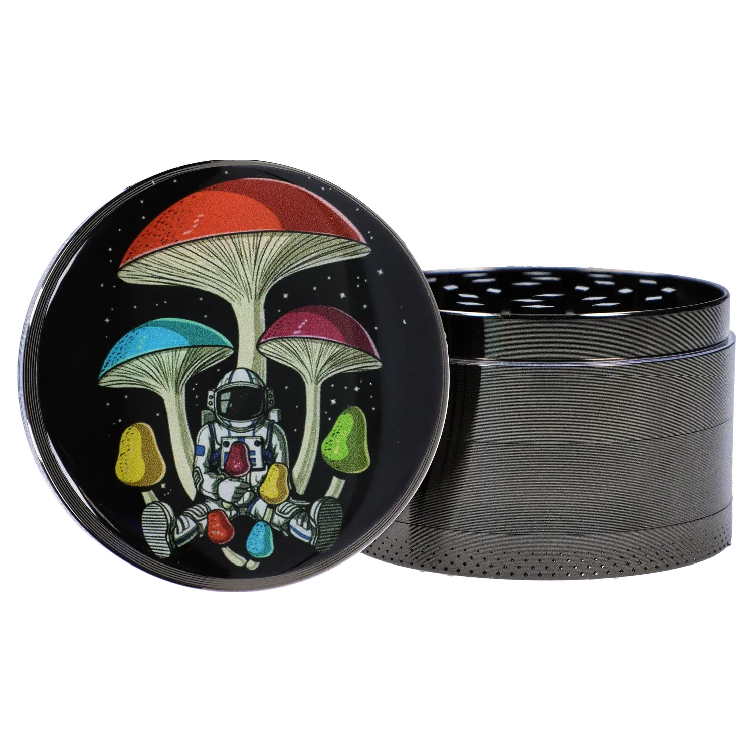 Close-up three-quarter view of the 63mm Chrome with Tiny Glowing Mushrooms Grinder lid showing a colorful astronaut sitting beneath oversized red, blue, and pink mushrooms against a black starry background