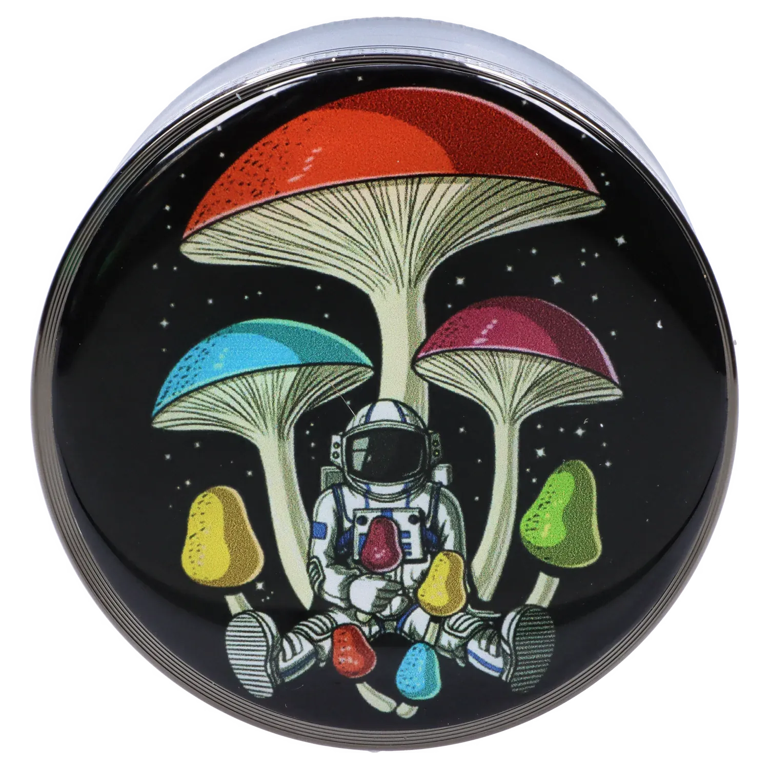 Top-down view of a 63mm Chrome with Tiny Glowing Mushrooms Grinder lid showing an astronaut seated beneath colorful glowing mushrooms.