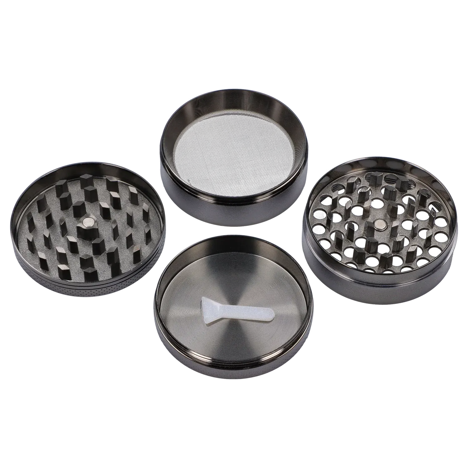 Top-down view of the disassembled 63mm Chrome with Tiny Glowing Mushrooms Grinder showing four metal chambers and a small plastic scraper.
