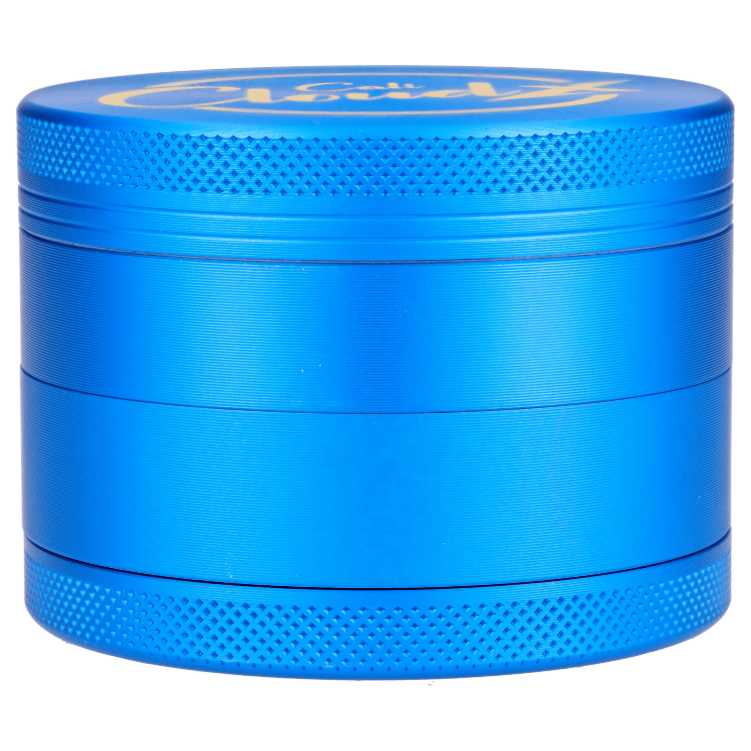 Close-up side view of the bright blue Cali Cloud X 63mm 3-Stage Grinder showing textured knurled edges and stacked cylindrical sections.