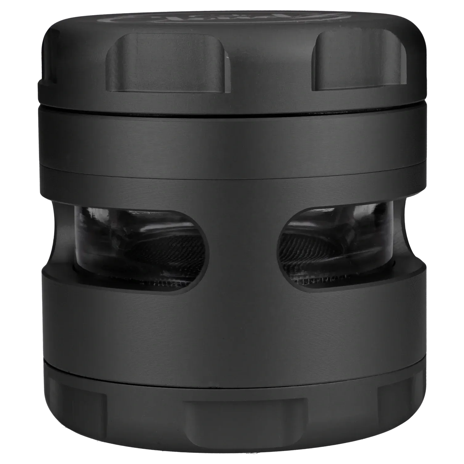 Close-up front view of the black Cali Cloud X 63mm 3-Stage Glass Window Grinder showing its textured lid, two clear window cutouts revealing the inner chambers, and matte cylindrical body.
