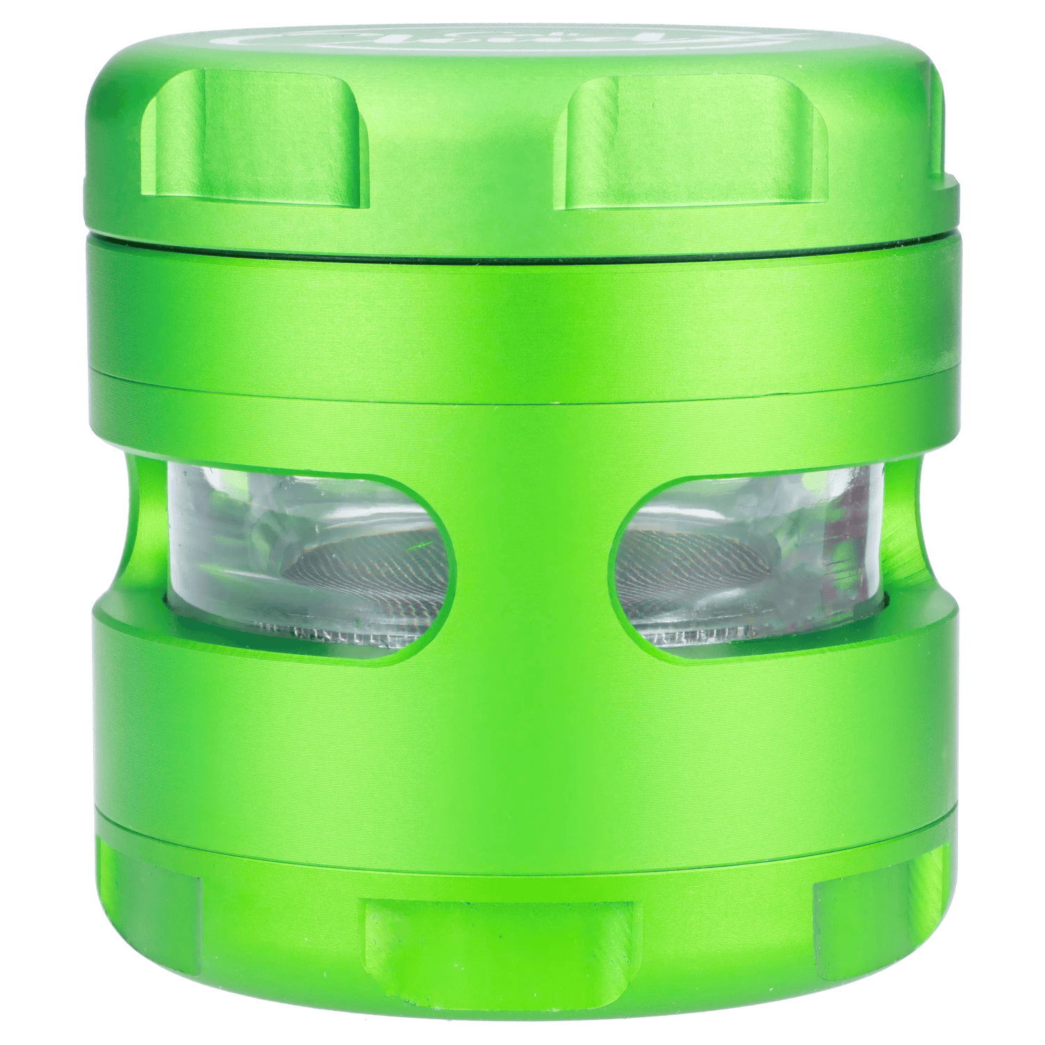 Close-up front view of the bright green Cali Cloud X 63mm 3-Stage Glass Window Grinder showing its top tabs and two clear viewing windows.