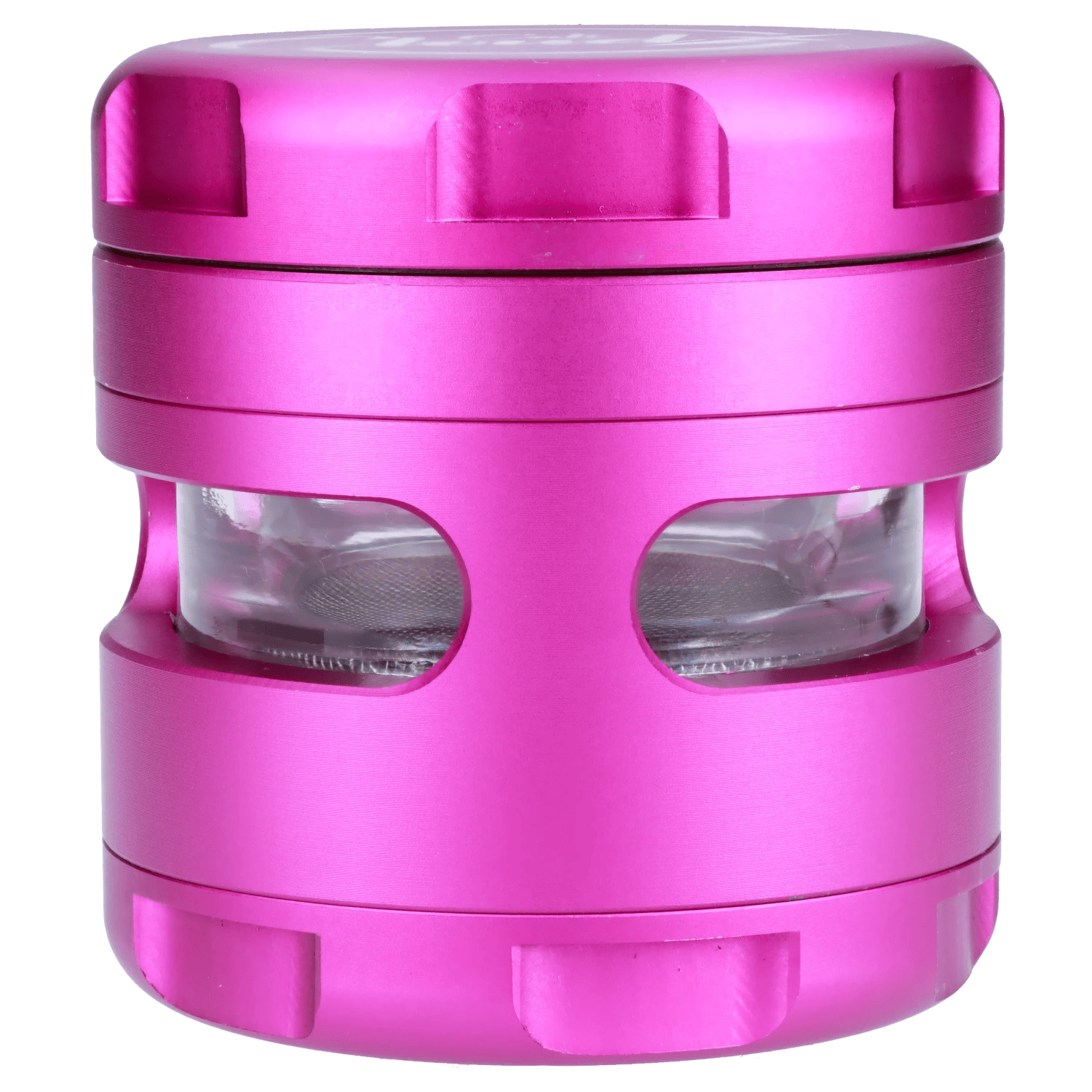 Close-up front view of the bright pink Cali Cloud X 63mm 3-Stage Glass Window Grinder showing its stacked metal sections and glass window.