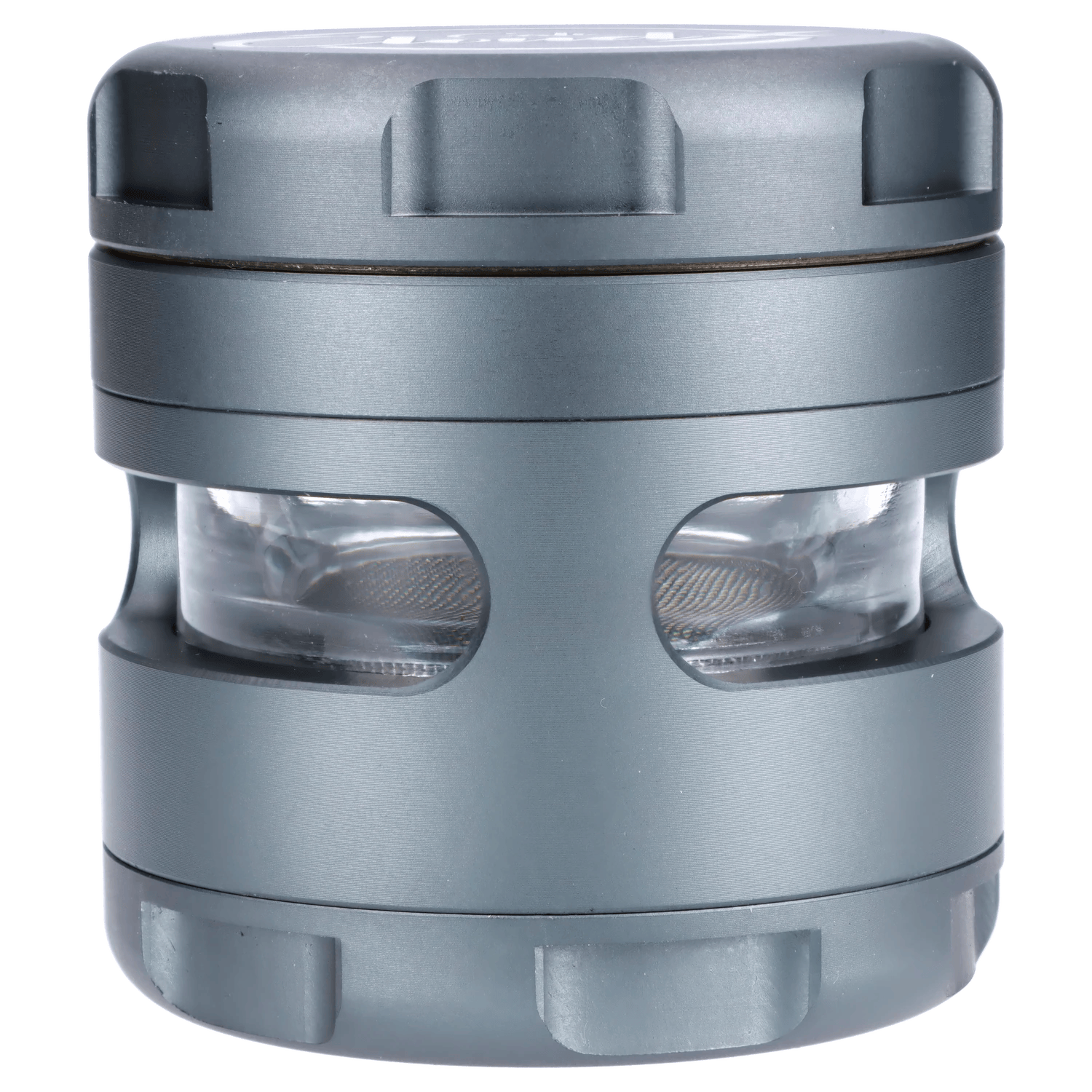Close-up front view of the gray Cali Cloud X 63mm 3-Stage Glass Window Grinder showing its top knurled lid, two rounded window cutouts revealing the glass chamber and mesh screen.
