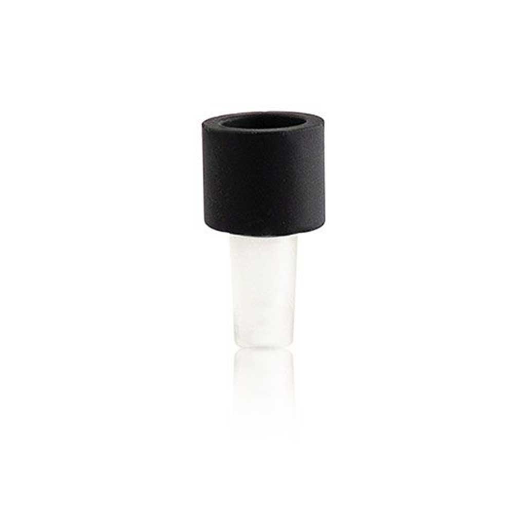 Center-frontal view of the Ryot Silicone Stem With Glass Bowl - 14Mm showing a black cylindrical silicone top fitted over a clear glass stem on a white background