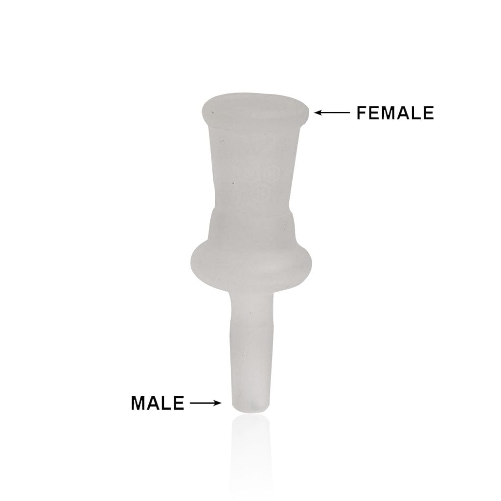 Centered front view of a frosted glass Honeybee Herb Glass Converter Adapter showing its flared female top and tapered male stem against a white background