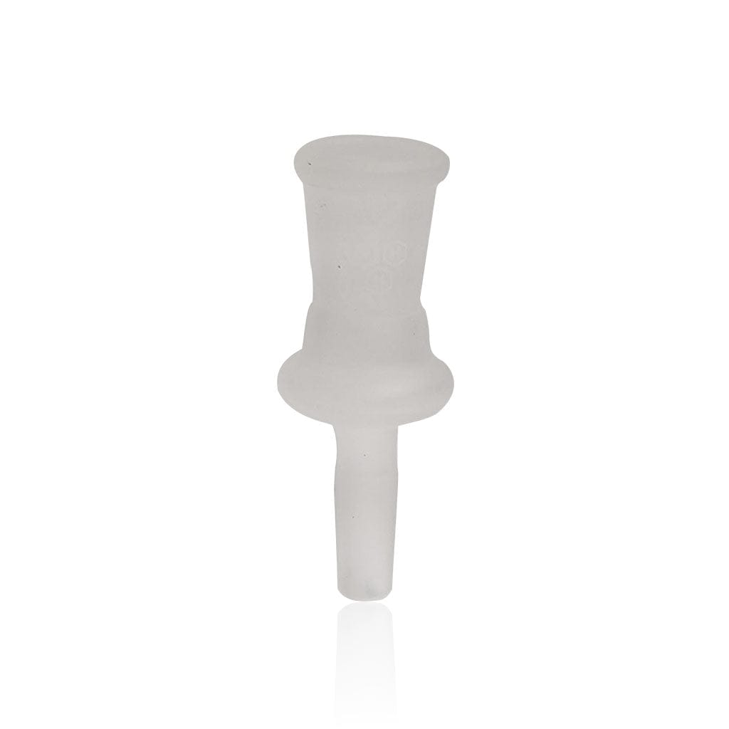 Centered front view of the frosted Honeybee Herb Glass Converter Adapter against a white background, showing its tapered stem and flared midsection.