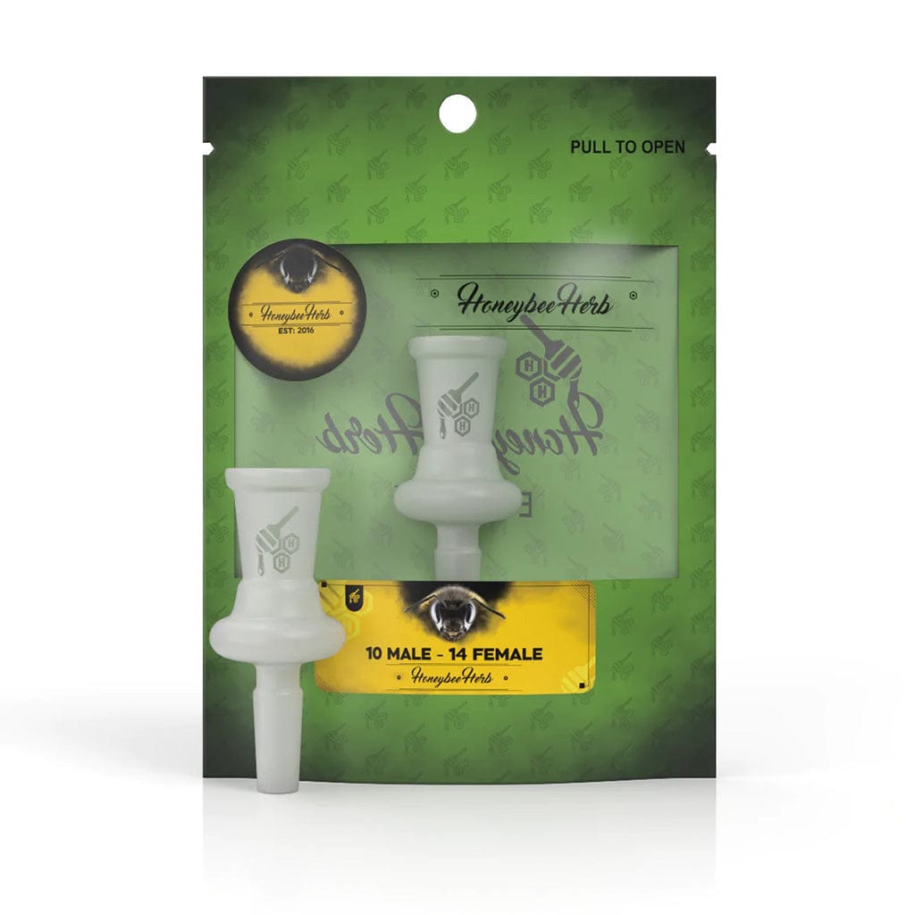 Front view of the Honeybee Herb Glass Converter Adapter in white shown through retail green packaging with a clear window and product label.
