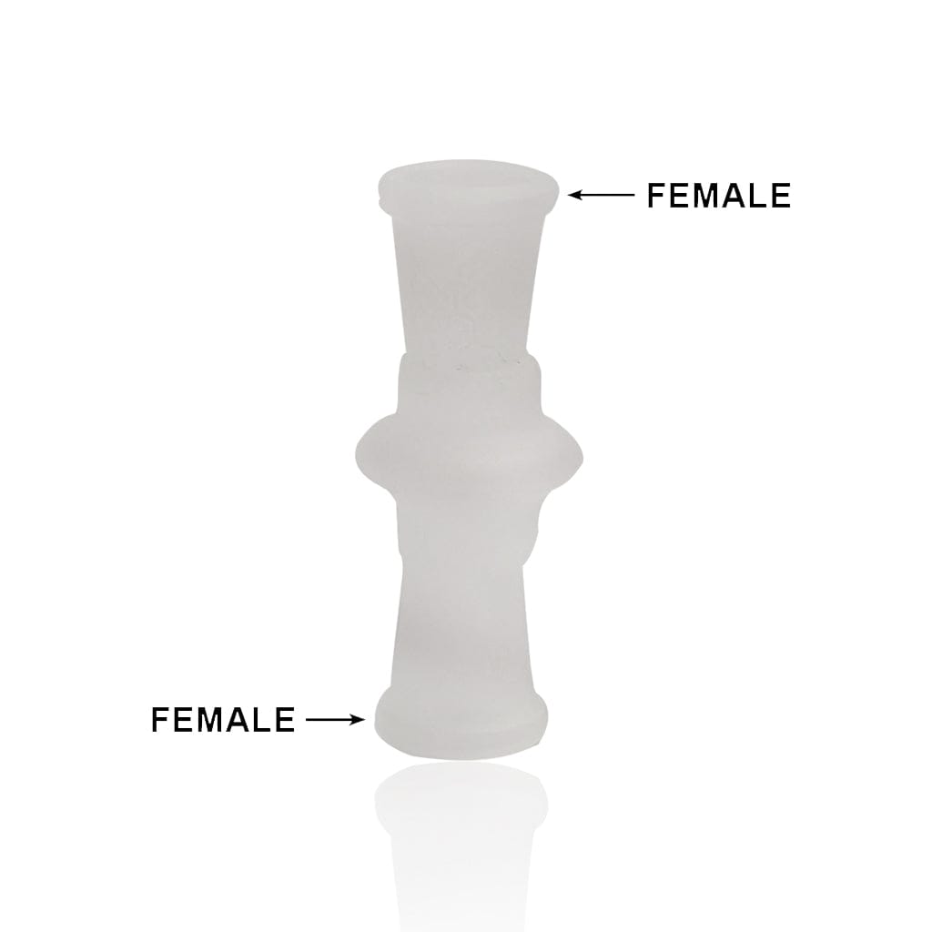 Center-frontal view of a frosted white Honeybee Herb Glass Converter Adapter standing upright on a reflective white surface with two black "FEMALE" arrows labeling its top and bottom ends