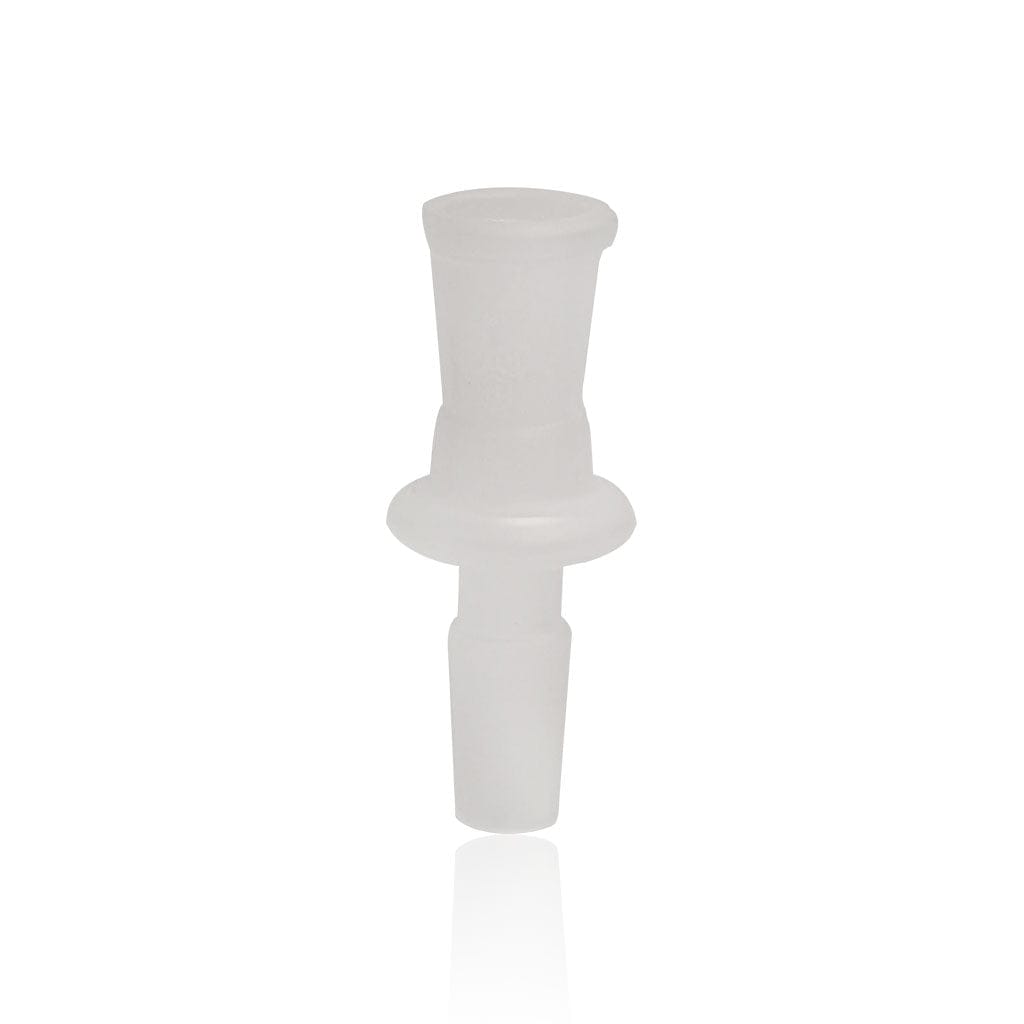 Center-frontal view of the translucent Honeybee Herb Glass Converter Adapter standing upright on a white reflective background