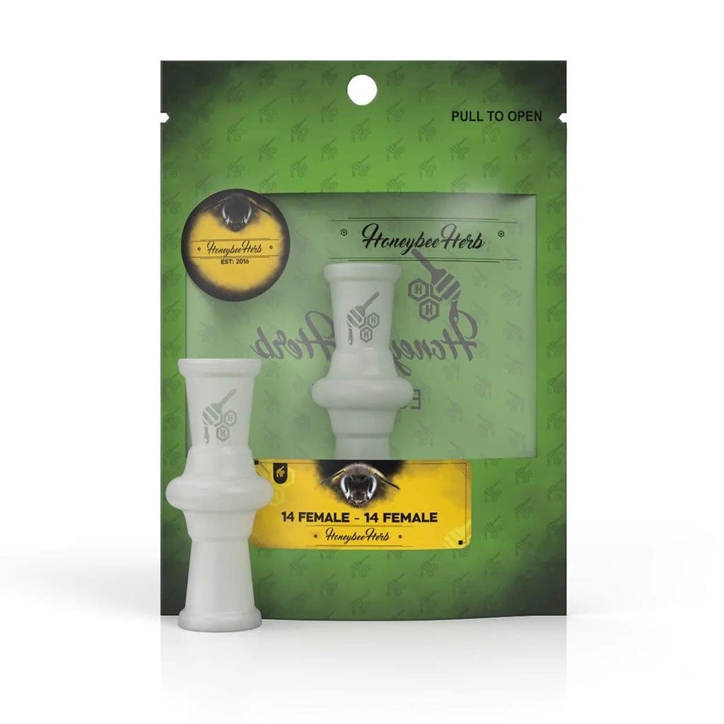 Front-facing shot of the Honeybee Herb Glass Converter Adapter in white displayed against its green branded backing card with a yellow label reading "14 Female - 14 Female."