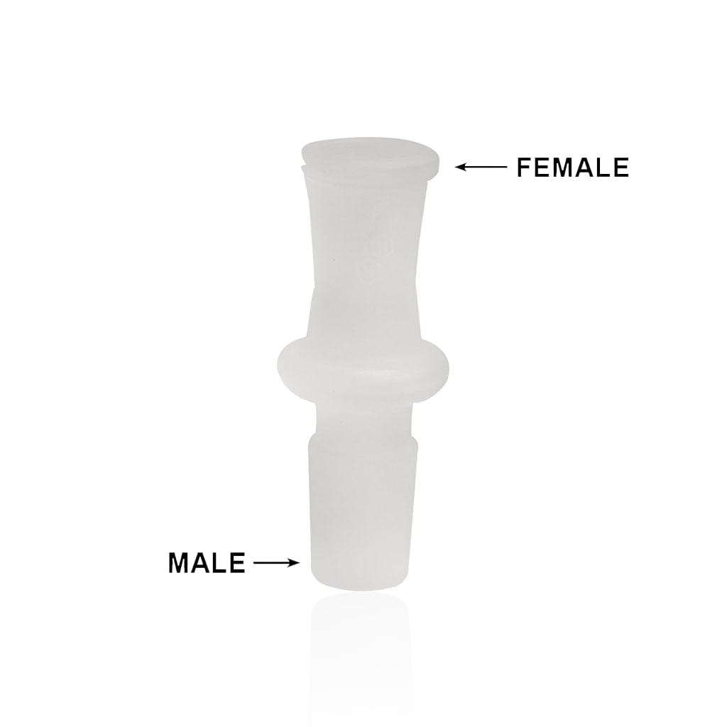 Centered studio shot of the Honeybee Herb Glass Converter Adapter showing a translucent white glass male end at the bottom and labeled female top viewed straight-on
