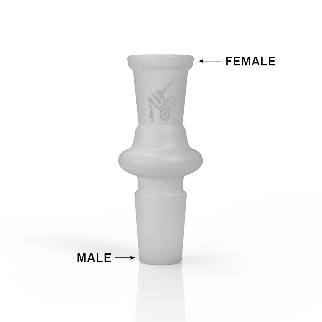 Front-facing view of a frosted white Honeybee Herb Glass Converter Adapter showing its female top and tapered male bottom on a white background.