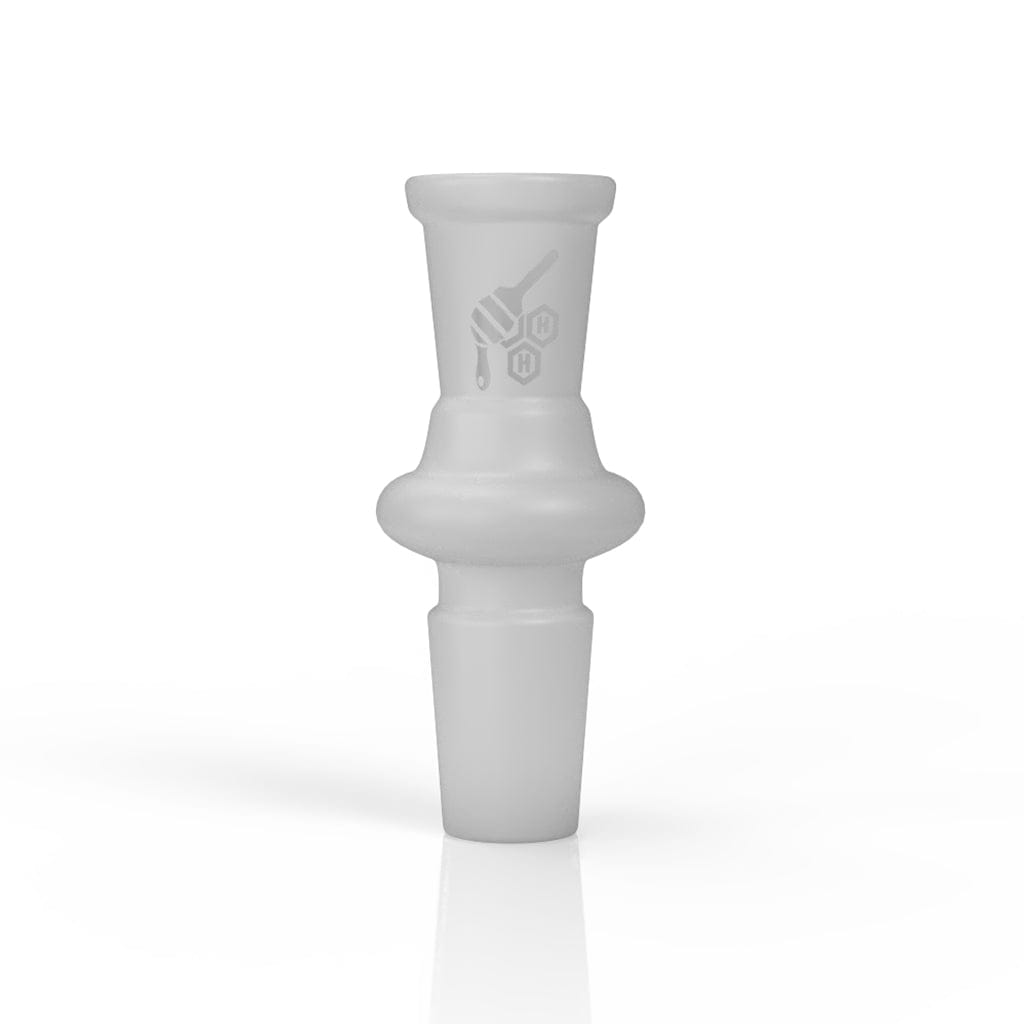 Centered front view of the frosted white Honeybee Herb Glass Converter Adapter standing upright on a white reflective surface, showing its flared top, rounded midsection, and tapered male joint.