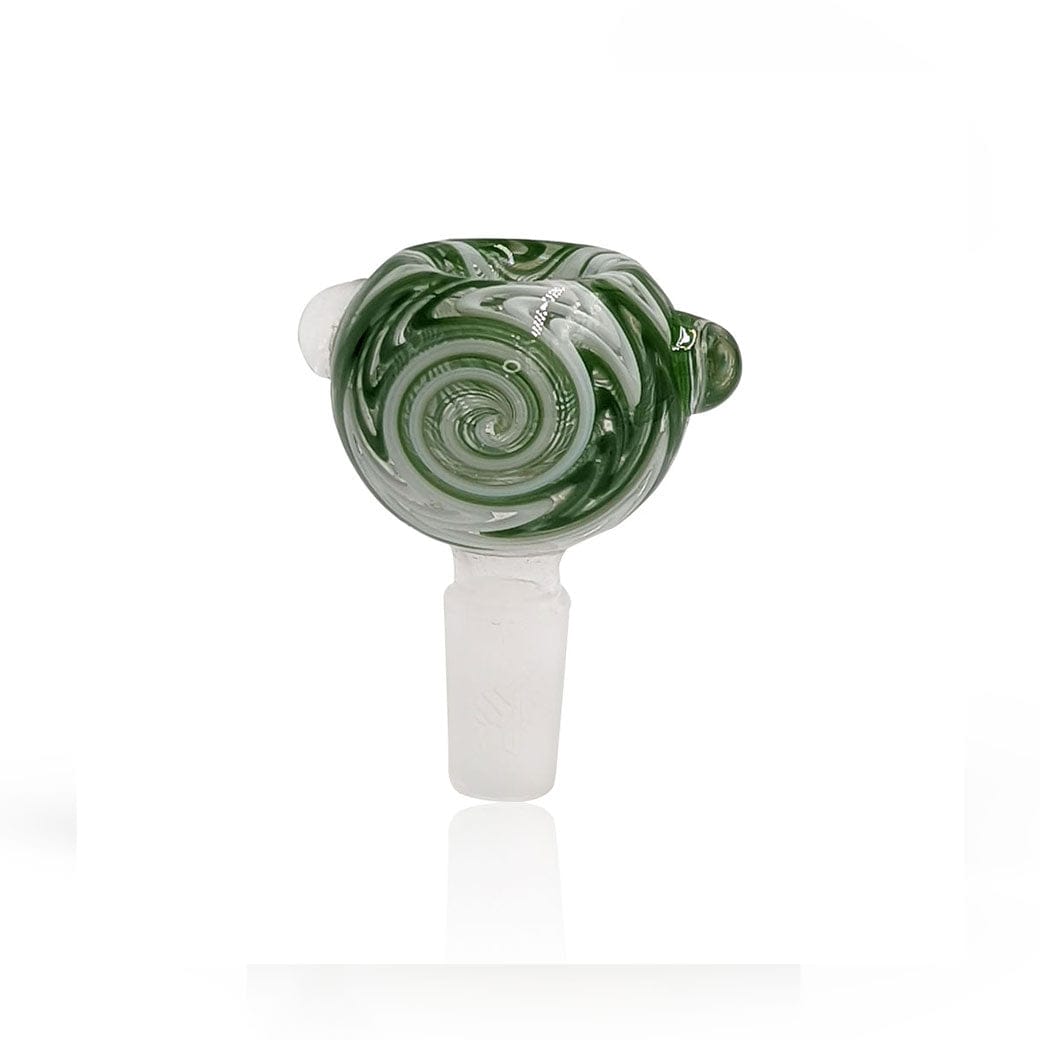 Centered front view of the Honeybee Herb Glass Flower Bowl (Fb-10) showing a green spiral pattern on a clear glass bowl against a white background