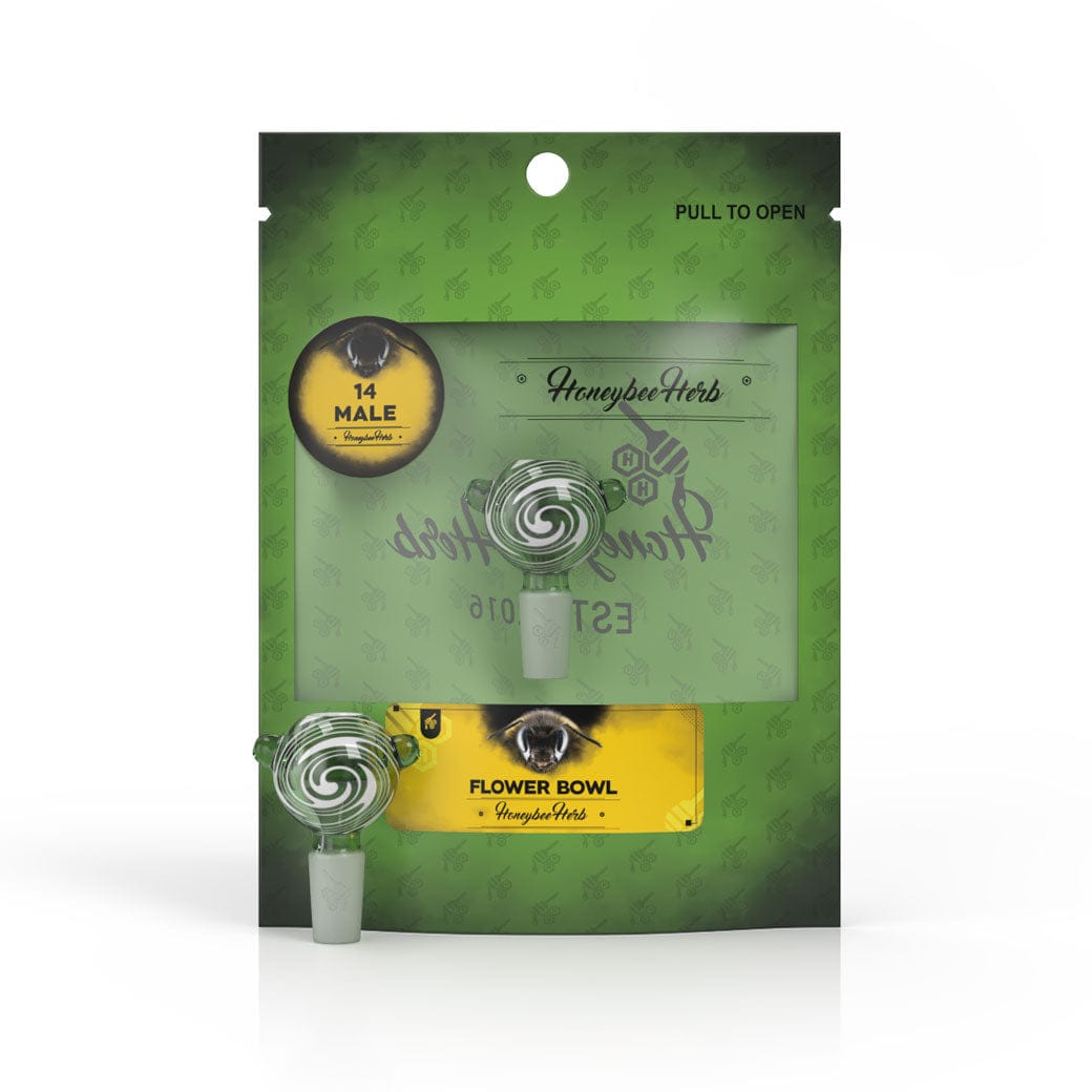 Front-facing view of the Honeybee Herb Glass Flower Bowl (Fb-10) in its green branded pouch, showing the swirled glass bowl through a clear window.