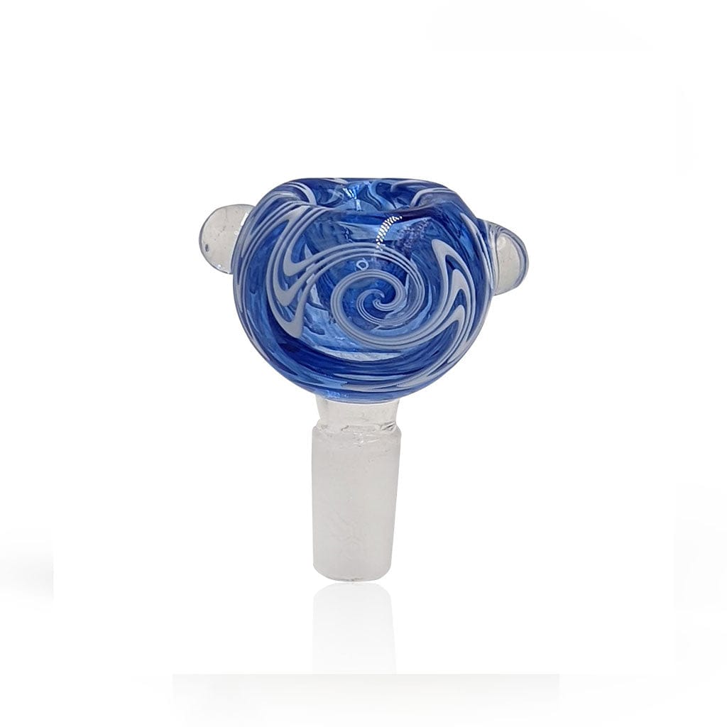 Centered front view of the Honeybee Herb Glass Flower Bowl (Fb-10) showing a blue and white swirled glass bowl with two small side handles against a white background