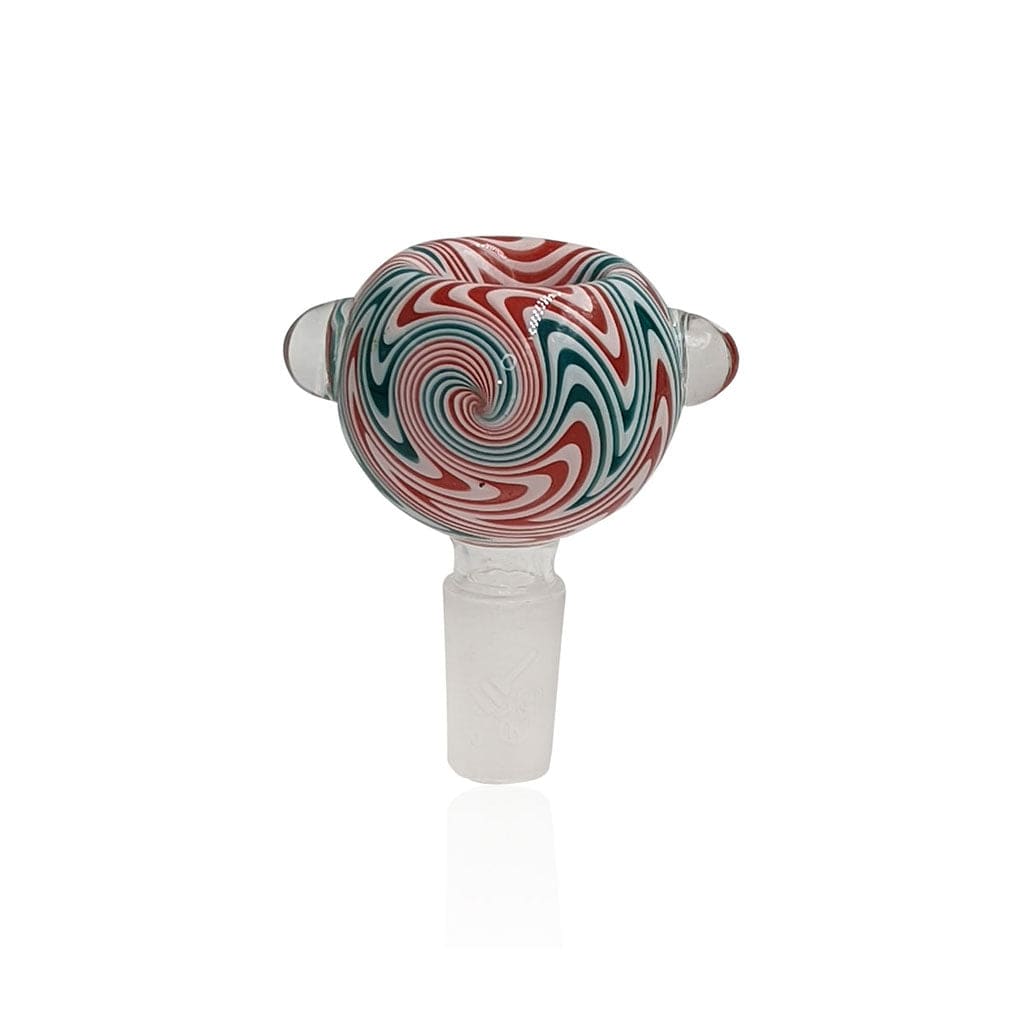 Centered front view of the Honeybee Herb Glass Flower Bowl (Fb-10) showing a red, teal, and white spiral swirl pattern on a round glass head against a white background