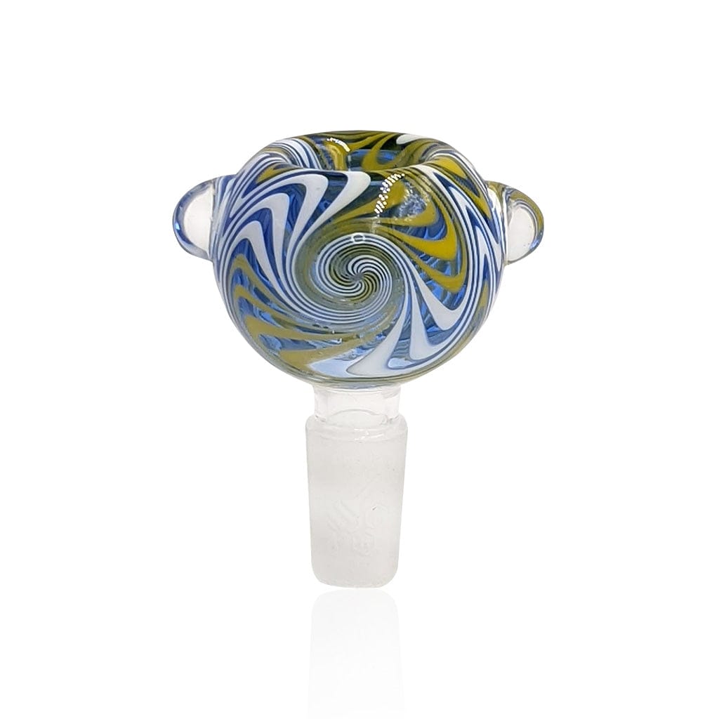 Front-facing close-up of the Honeybee Herb Glass Flower Bowl (Fb-10) showing a blue, white, and yellow spiral pattern and two clear glass knobs.