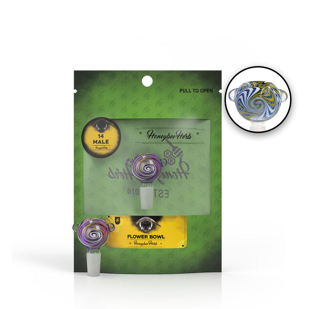 Front-facing shot of a purple-and-white swirled Honeybee Herb Glass Flower Bowl (Fb-10) centered against its green retail backing.