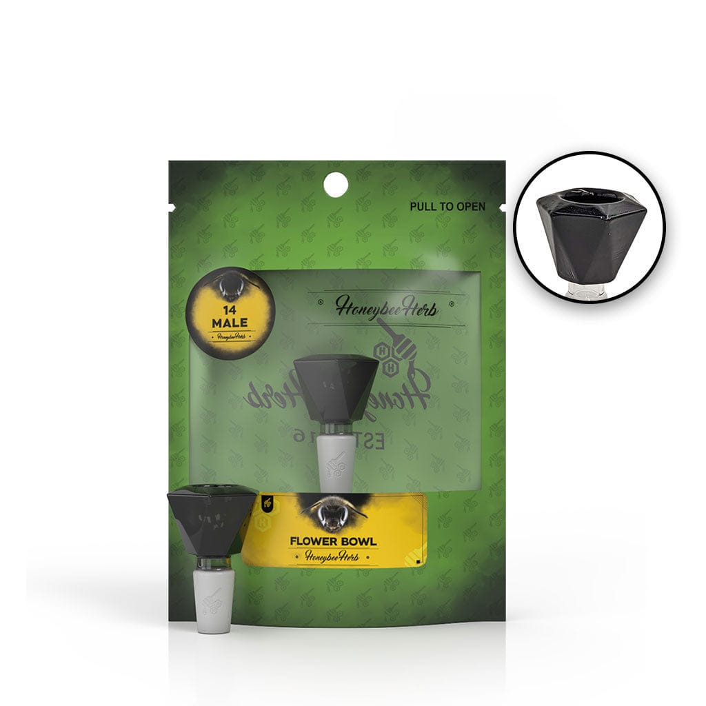 Front view of the Honeybee Herb Glass Flower Bowl (Fb-4) in black, shown against green branded packaging with a small circular close-up.