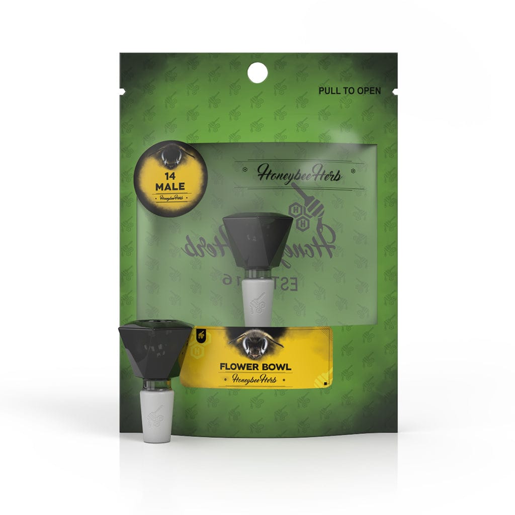 Front-facing product shot of the Honeybee Herb Glass Flower Bowl (Fb-4) centered against a green branded pouch with a small bowl replica at the base.
