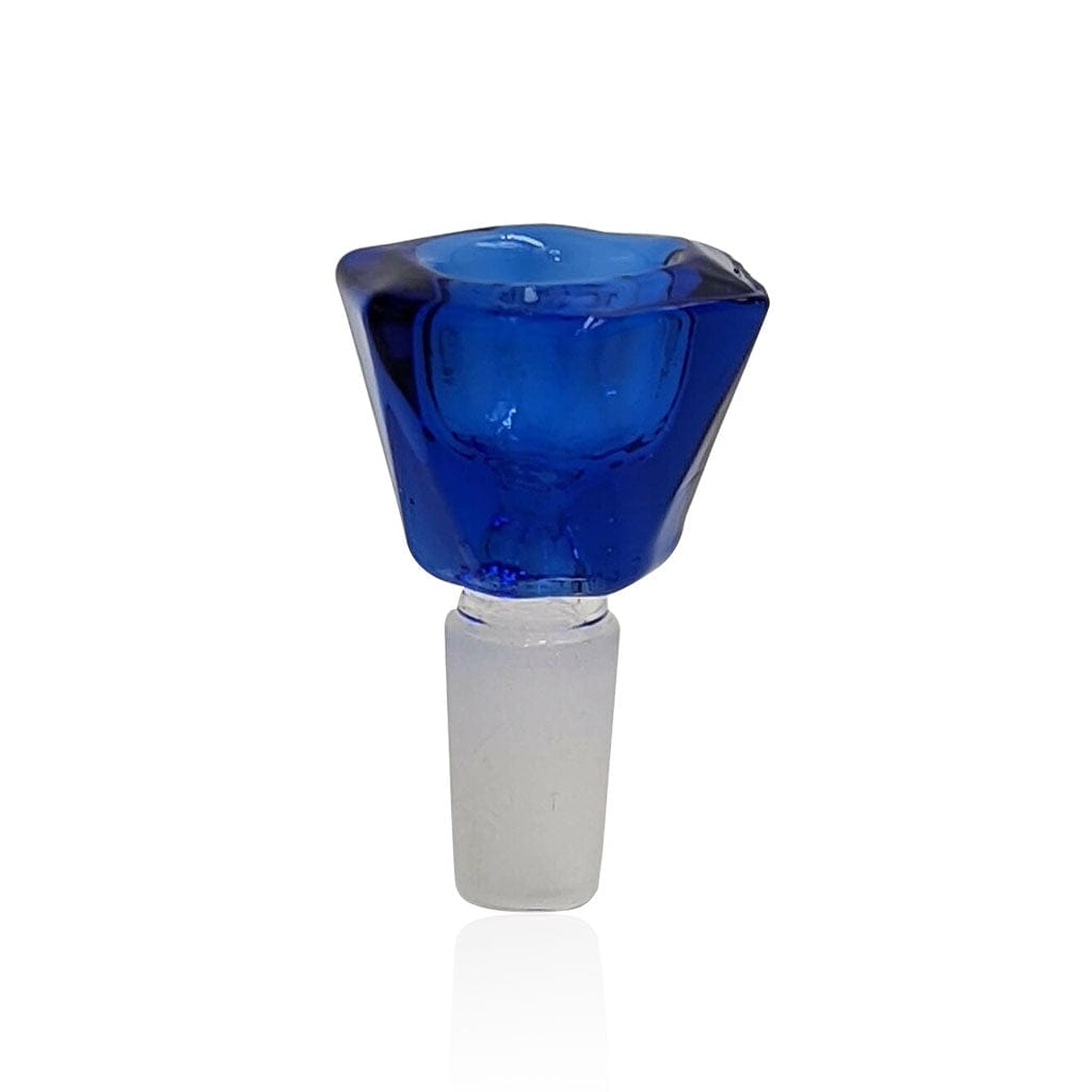 Close-up front view of the Honeybee Herb Glass Flower Bowl (Fb-4) showing a faceted deep blue glass top on a frosted stem.