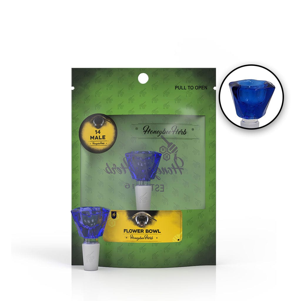 Front-facing shot of the Honeybee Herb Glass Flower Bowl (Fb-4) showing a faceted cobalt-blue glass bowl mounted on a white male joint against its green branded backing card.