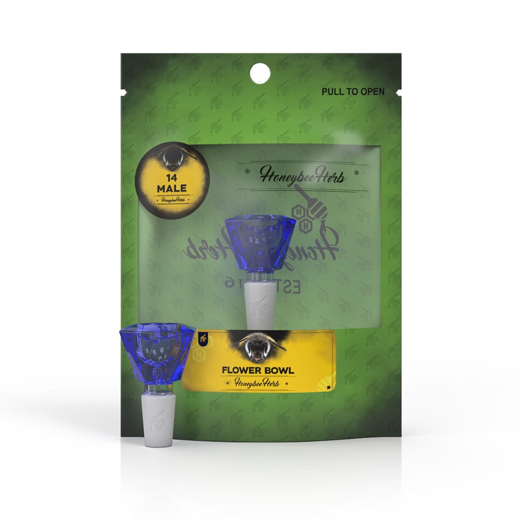 Front view of a blue glass flower bowl displayed in its green Honeybee Herb Glass Flower Bowl (Fb-4) packaging with a yellow label and white background.