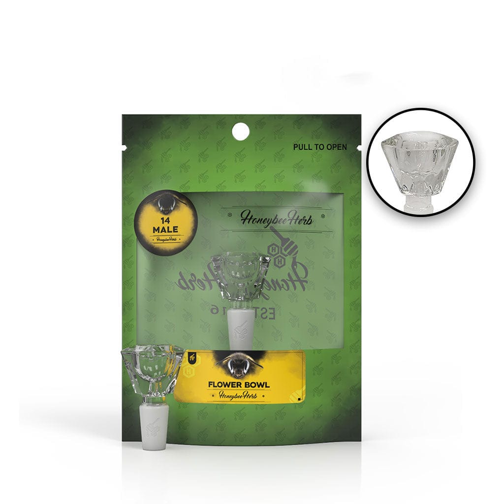 Front-facing product shot of the Honeybee Herb Glass Flower Bowl (Fb-4) centered in its green retail pouch with a white background and magnified inset of the clear glass bowl.