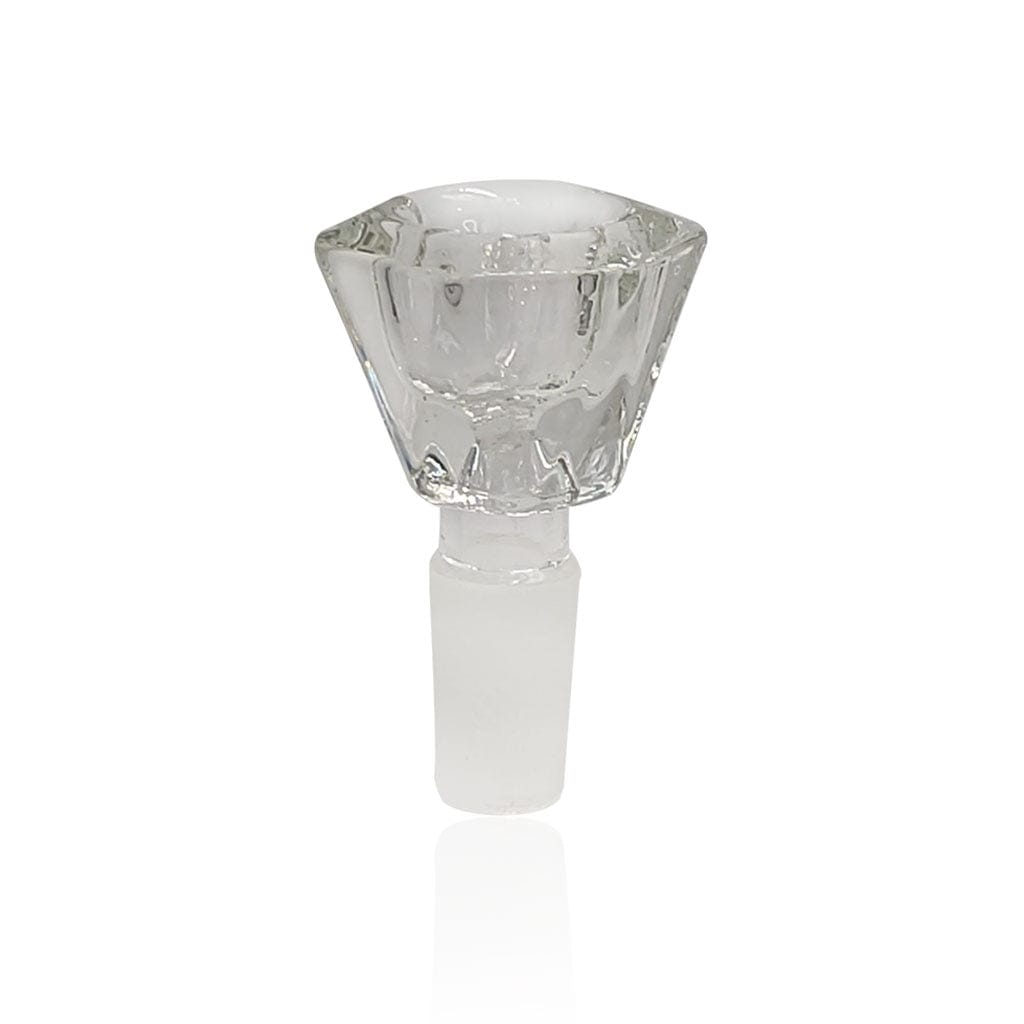 Center-frontal view of the clear Honeybee Herb Glass Flower Bowl (Fb-4) on a white background, showing its faceted bowl and frosted stem.