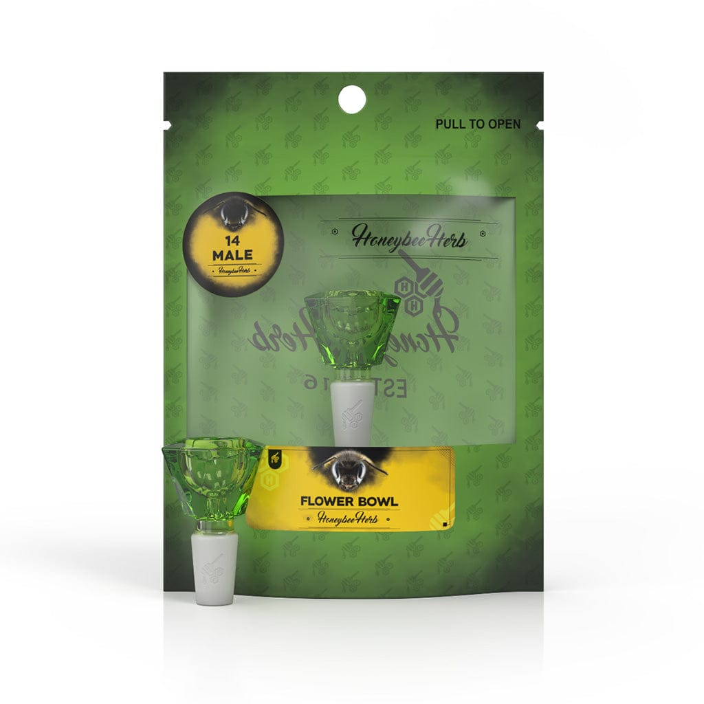 Front view of the Honeybee Herb Glass Flower Bowl (Fb-4) showing a translucent green glass bowl in its green branded pouch with a yellow label.