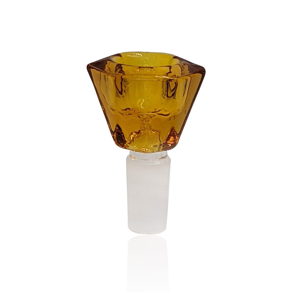 Close-up front view of a faceted amber glass bowl on a white frosted stem, Honeybee Herb Glass Flower Bowl (Fb-4).