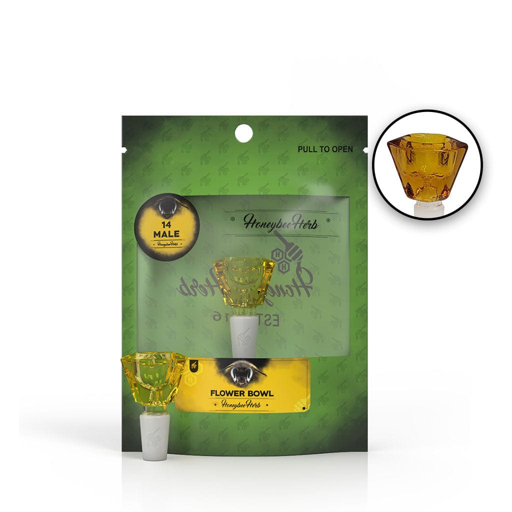 Front view of the Honeybee Herb Glass Flower Bowl (Fb-4) showing a faceted amber glass flower-shaped bowl against its green branded packaging.