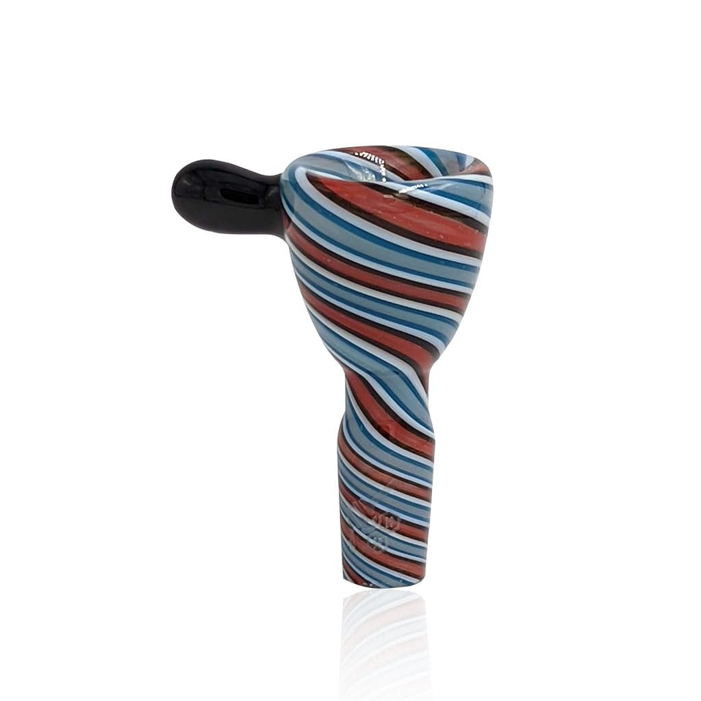 Angled front view of the Honeybee Herb Glass Flower Bowl (Fb-7), showing its twisted red, white, and blue striped glass bowl with a black side handle.