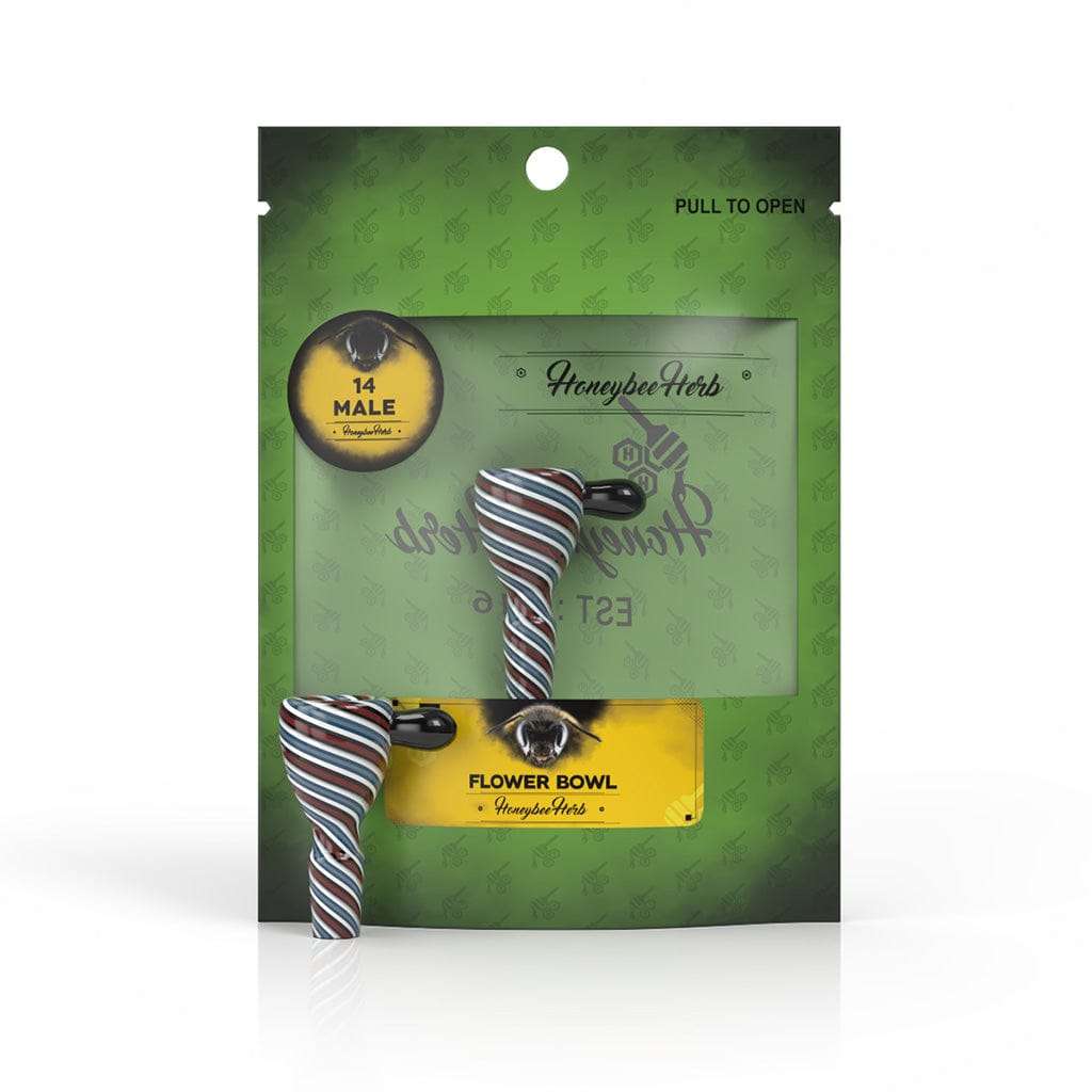 Center-front view of a striped glass flower bowl inside its green Honeybee Herb Glass Flower Bowl (Fb-7) retail pouch, shown against a white background.