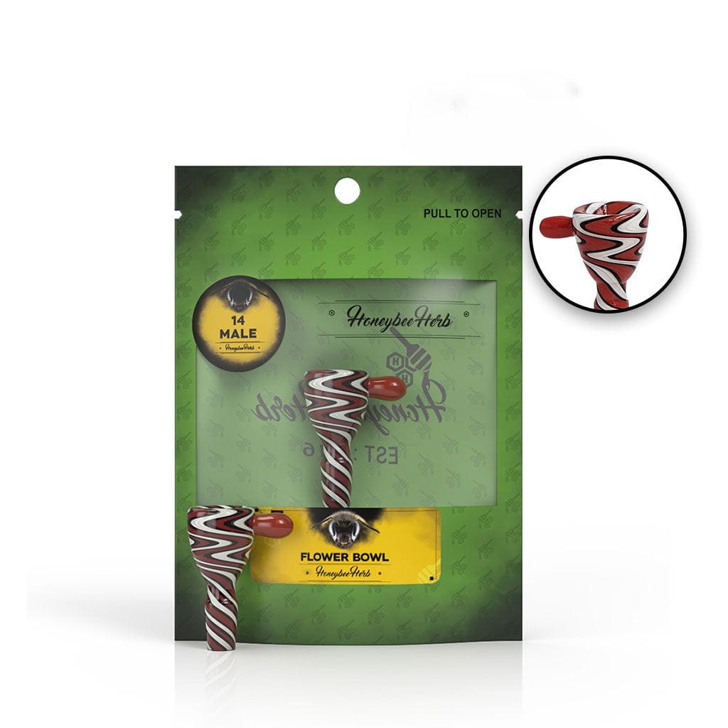 Front-facing shot of the Honeybee Herb Glass Flower Bowl (Fb-7) showing a red, white, and black swirled glass bowl centered against green branded packaging.