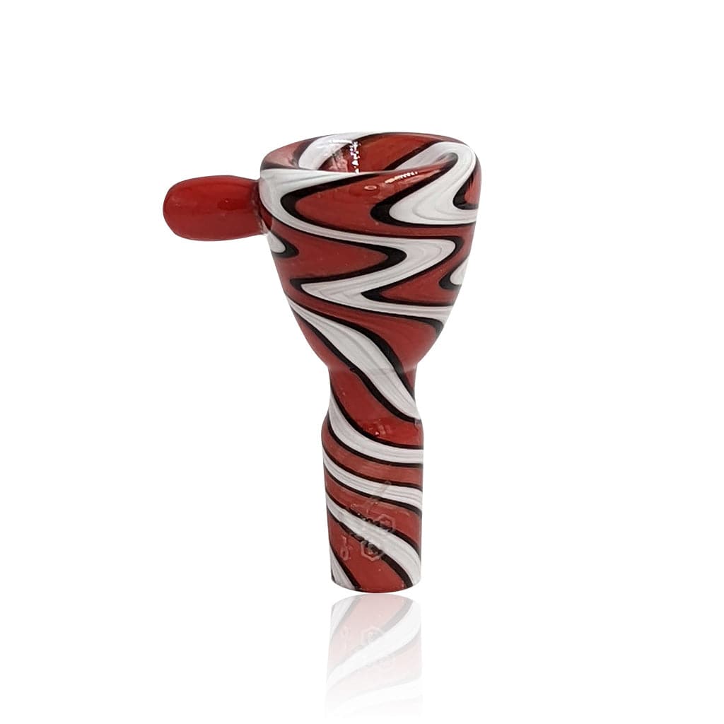 Centered front view of the Honeybee Herb Glass Flower Bowl (Fb-7), a red glass piece with white and black swirling stripes.