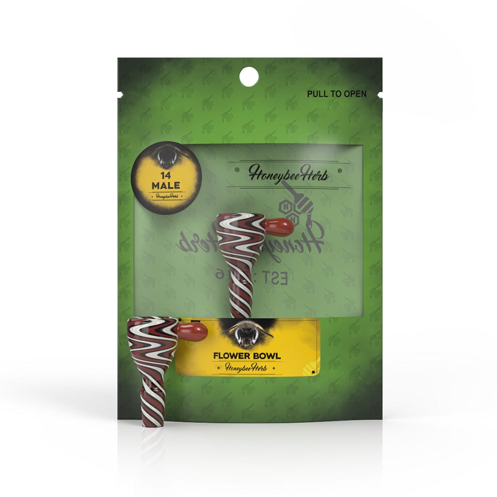 Front view of the Honeybee Herb Glass Flower Bowl (Fb-7) nestled in green retail packaging with a clear window showing its red, white, and black swirled glass.