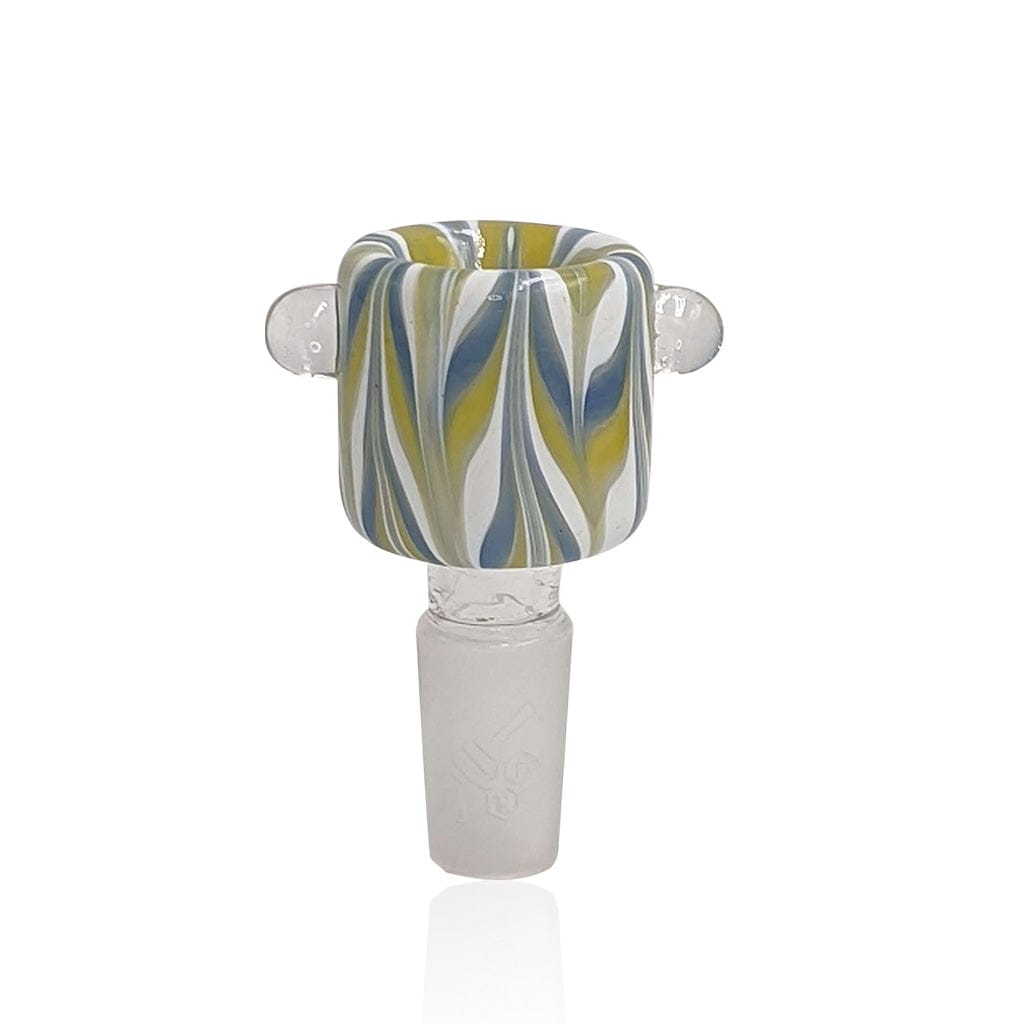 Front view of the Honeybee Herb Glass Flower Bowl (Fb-9) showing a short glass bowl with blue, yellow, and white swirled petals and two clear side knobs.