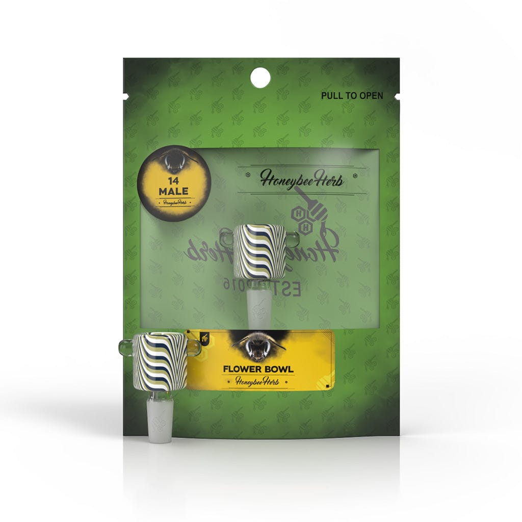 Front view of the Honeybee Herb Glass Flower Bowl (Fb-9) showing a striped glass bowl in its green branded package against a white background