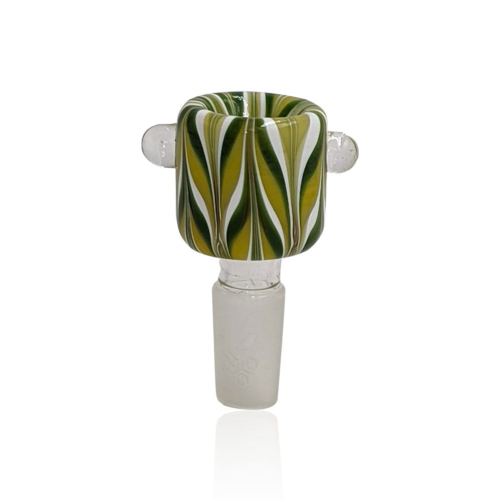 Centered front view of the Honeybee Herb Glass Flower Bowl (Fb-9) showing its green, white, and yellow twisted striped cup on a white background