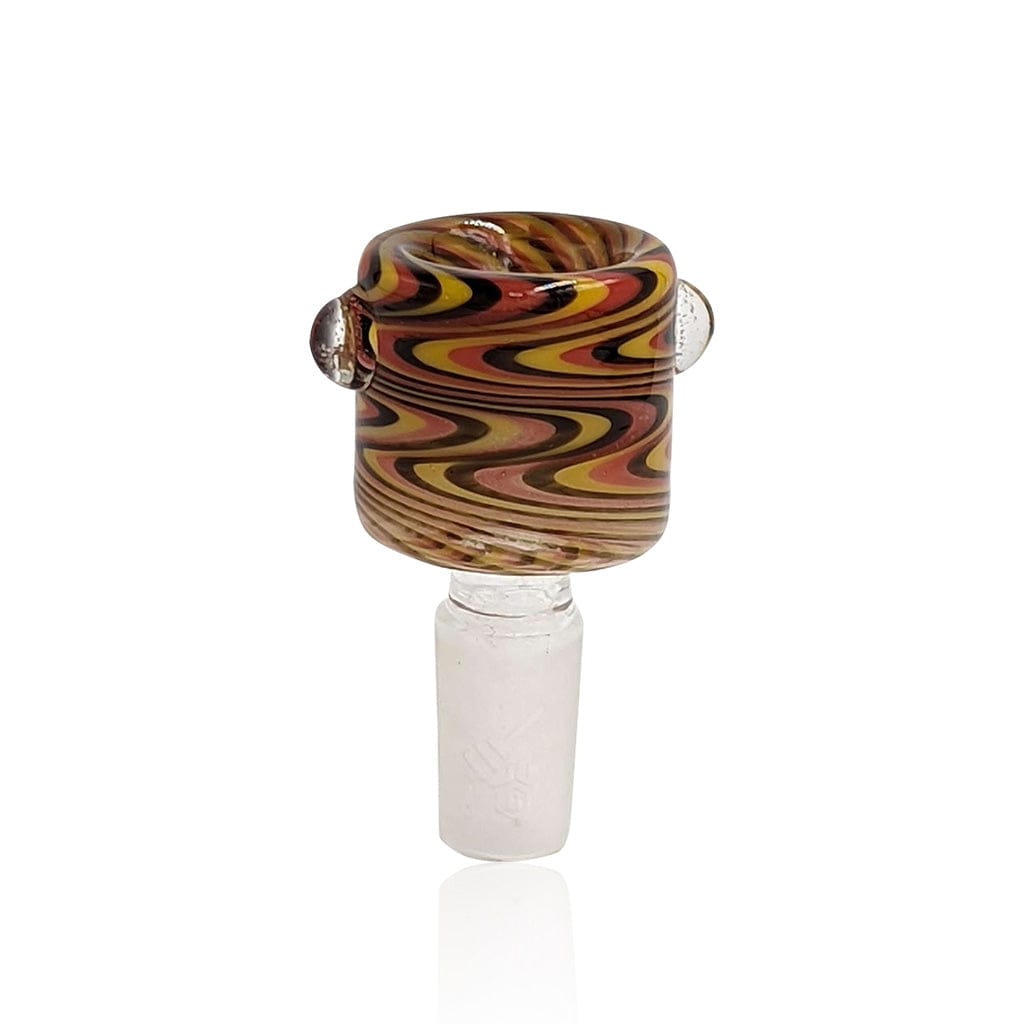 Centered front view of the Honeybee Herb Glass Flower Bowl (Fb-9) showing its swirled yellow, red, and black glass cup and clear joint on a white background